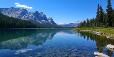 Picture a tranquil mountain lake surrounded by lush trees and majestic peaks, reflecting the clear blue sky, creating a peaceful nature scene that invites relaxation and exploration photo