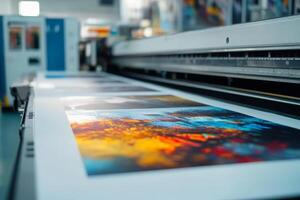 In a modern print shop, a large format printing machine is at work, producing vibrant and colorful prints, showcasing advanced technology designed for efficient highvolume production capabilities photo