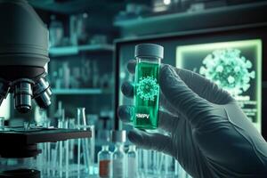 This lab scene focuses on a detailed study of the HMPV virus, showcasing essential scientific tools and specialized equipment crucial for enhancing scientists understanding of the virus photo