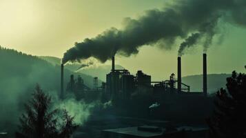 An industrial plant that is actively releasing smoke into the air, situated in the midst of a lush green forest, creating a striking contrast between the world of industry and the beauty of nature photo