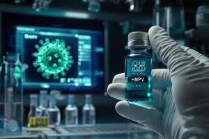 This image shows a lab focused on studying the HMPV virus, featuring a blue vial and a digital display of the viruss structure, emphasizing advanced research for treatments and vaccines photo