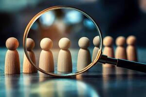 A magnifying glass highlights intricately crafted wooden figures, symbolizing the need for detailed scrutiny in the quest for individuality within a larger group of similar entities photo