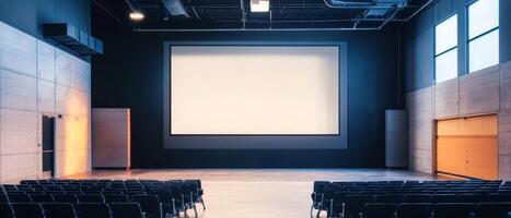 This spacious conference room is equipped with a large projection screen, making it ideal for engaging presentations, dynamic discussions, efficient teamwork, and the development of creative content photo