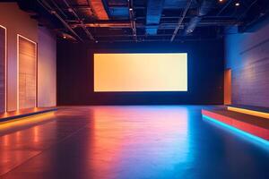 This stylish conference room features a large projection screen, perfect for engaging presentations and fostering collaboration and innovative content development among team members and guests photo