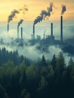 An industrial plant stands behind a vibrant green forest, emitting smoke and significantly polluting the environment, creating a stark contrast between natures beauty and industrys harsh reality photo