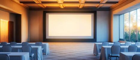 This is a versatile, contemporary conference room that features a spacious projection screen, making it ideal for business presentations, meetings, and creative content development activities photo