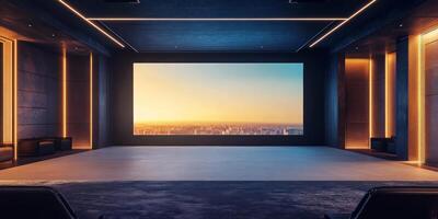 This spacious conference room has a large projection screen, ideal for effective presentations and collaboration, promoting creativity and dialogue among team members and partners photo