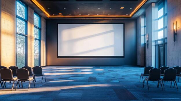 This modern conference room is designed for engaging presentations, brainstorming, and content development, featuring a large projection screen and ample seating to meet your needs photo