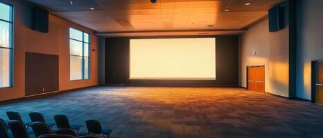 A modern and sleek conference room equipped with a large projection screen, making it the perfect venue for impactful presentations and fostering an environment of collaborative creativity photo