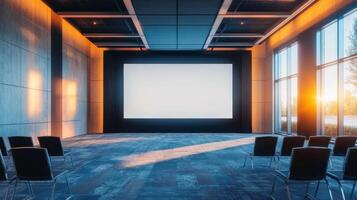 This is a sleek and extremely versatile conference room that showcases a large projection screen, making it ideal for impactful business presentations and engaging creative ideation sessions photo
