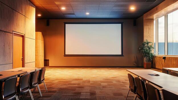 This is a versatile and modern conference room that features a large projection screen, making it an ideal space for business presentations as well as for the creative development of content photo