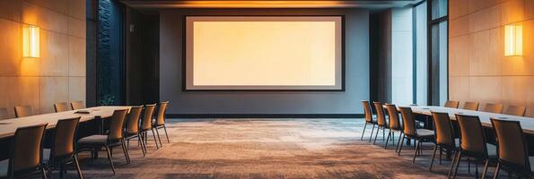This stylish conference room is perfect for business presentations and brainstorming, offering a large projection screen, comfortable seating, and an effective meeting environment photo