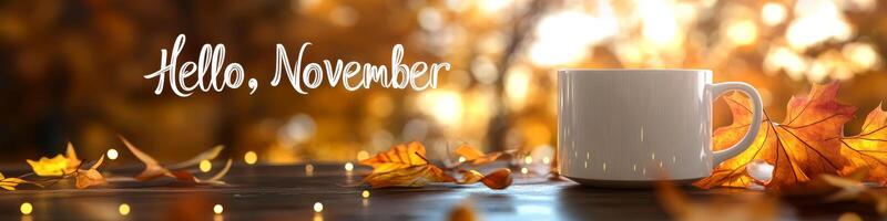 Indulge in the Cozy November Vibes, Sipping on Warm Coffee While Surrounded by Autumn Leaves photo