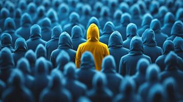 A single, bright yellow figure stands out remarkably against a vast sea of blue figures, powerfully symbolizing individuality and uniqueness amidst a backdrop of conformity and sameness photo