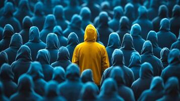 A bright yellow figure stands out in a sea of blue figures, highlighting individuality in a homogeneous crowd and emphasizing the importance of selfidentity in a conformist environment photo