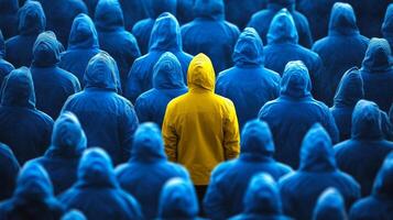 In a striking visual contrast, a single vibrant yellow figure stands out brightly against a sea of blue figures, symbolizing the powerful themes of individuality and uniqueness amidst conformity photo