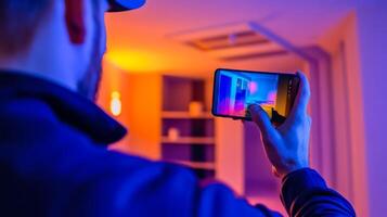 A technician utilizes a thermal imaging camera on a smartphone to identify areas of heat loss in a house, improving energy efficiency photo