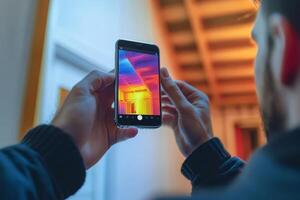 A technician utilizes a smartphone thermal imaging camera to identify heat loss in a house, enhancing energy efficiency and comfort photo