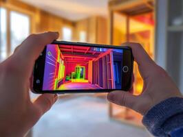 A skilled technician uses a hightech smartphone with thermal imaging to identify heat loss in a house, enhancing energy efficiency and improving residents comfort while reducing energy consumption photo