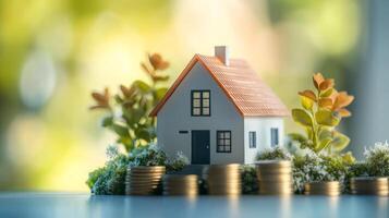 Delve into the fascinating concept of real estate investment, represented by a charming miniature house alongside shiny coins, symbolizing mortgage finance in a vibrant and contemporary setting photo
