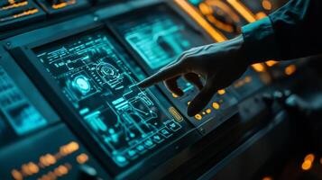 An experienced operator skillfully navigates a control panel, using touch controls that respond to alerts from IIoT sensors indicating potential machinery issues or malfunctions needing attention photo