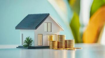 Explore the captivating world of real estate investment, highlighted by a detailed miniature house and coins representing mortgage finance, all set against a vibrant and engaging backdrop photo