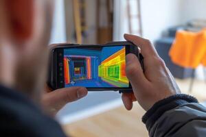 A skilled technician employs a smartphone thermal imaging camera in order to detect areas of heat loss within a residential house, which significantly aids in conducting energy efficiency assessments photo