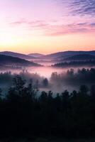 As the serene sunrise breaks, it reveals misty mountains and lush forests, with soft pastels painting the sky. Natures beauty at dawn unfolds peacefully, inviting exploration and appreciation photo