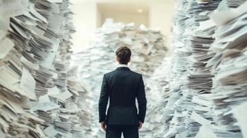 A man in a formal suit stands among chaotic piles of disorganized documents, symbolizing the overwhelming nature of bureaucracy and the daily challenges of excessive paperwork at work photo