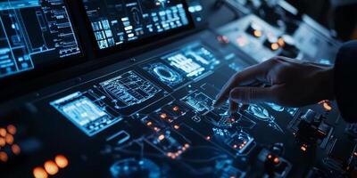 An operator skillfully adjusts various settings on a sophisticated hightech control panel, actively responding to alerts stemming from IIoT sensors that indicate potential operational issues photo