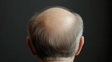 The illustration shows a bald man from the back. Baldness, linked to aging and genetics, affects physical appearance, selfesteem, and confidence, especially in social settings where looks matter photo