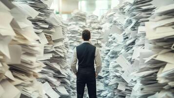 In a cluttered office setting, a man embodies the relentless bureaucracy and formidable pressures of modern work life, effectively highlighting the numerous challenges individuals confront daily photo