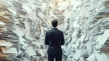 A businessman dressed in a formal suit stands amidst a chaotic array of scattered papers, which symbolize the immense stress and complexity of modern bureaucracy that many individuals face today photo