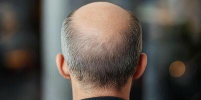 This image provides a closeup of a balding man from behind, highlighting his hair loss and scalp condition, illustrating the natural aging process many individuals undergo throughout life photo