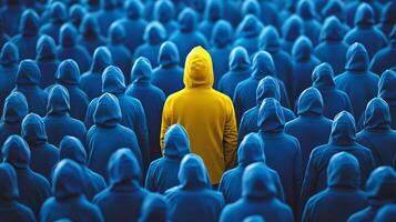 In a sea of blue figures, a bold yellow figure stands out, symbolizing individuality and encouraging exploration of identity, diversity, and personal expression in a conformist society photo