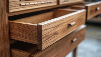A closeup view of a beautifully crafted wooden drawer, showcasing intricate dovetail joints and warm wood tones that truly epitomize the essence of highquality construction and design excellence photo