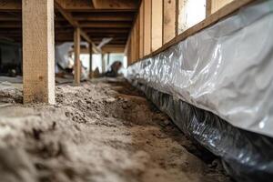 This image effectively highlights a crucial vapor barrier installed in a crawl space, which is essential for preventing unwanted moisture intrusion and ensuring the overall integrity of the structure photo