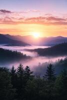 A peaceful sunrise bathes misty mountains and lush forests in soft pastel colors, blending into the sky, creating a tranquil scene that soothes the soul and provides a sense of calm photo