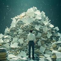 A man stands before a towering and overwhelming pile of documents, which symbolizes the immense stress, challenges, and intricacies of bureaucracy in a visually striking and thoughtprovoking scene photo