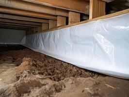 A vapor barrier in a crawl space is crucial for preventing moisture intrusion from damp earth, protecting your homes foundation photo