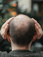 This thoughtprovoking image portrays a bald man as seen from the back, emphasizing the profound emotional impact that hair loss can create in various everyday situations we encounter in life photo
