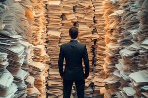 A man stands amidst towering and chaotic piles of documents, which highlights the overwhelming nature of bureaucracy and the heavy workload often encountered in a demanding professional environment photo