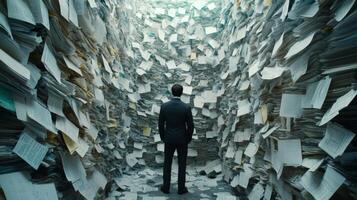 A solitary man stands in a cramped space, surrounded by chaotic stacks of disorganized papers, symbolizing the heavy burden of overwhelming documentation and the chaos of bureaucracy photo