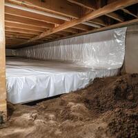 A vapor barrier prevents moisture infiltration in crawl spaces, protecting structures from damage. This image shows its correct placement relative to damp earth for proper installation photo