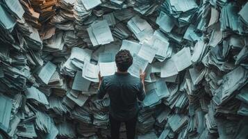 A determined man stands amid chaotic piles of disorganized papers, symbolizing the burden of excessive paperwork and his battle against inefficiency in a pressurefilled work environment photo