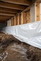 A vapor barrier effectively prevents moisture intrusion in crawl spaces, safeguarding the structure from dampness and related damage photo
