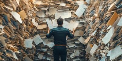 A man stands amid towering piles of paper, which symbolize the overwhelming chaos caused by information overload and the ongoing struggle to effectively manage vast resources in this environment photo