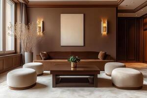 This beautifully designed living room features soothing mocha tones, modern style, and comfy furniture, enhanced by artistic accents to create an inviting atmosphere perfect for relaxation photo