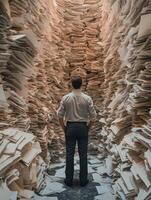 A solitary man stands in the dimly lit corridor filled with towering piles of paperwork, deeply reflecting on the overwhelming bureaucracy and the constant information overload that he faces daily photo