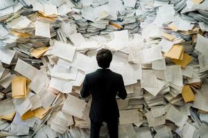 A weary man stands in front of an overwhelmingly towering stack of seemingly endless documents, symbolizing the immense pressures and information overload that often plague modern work environments photo